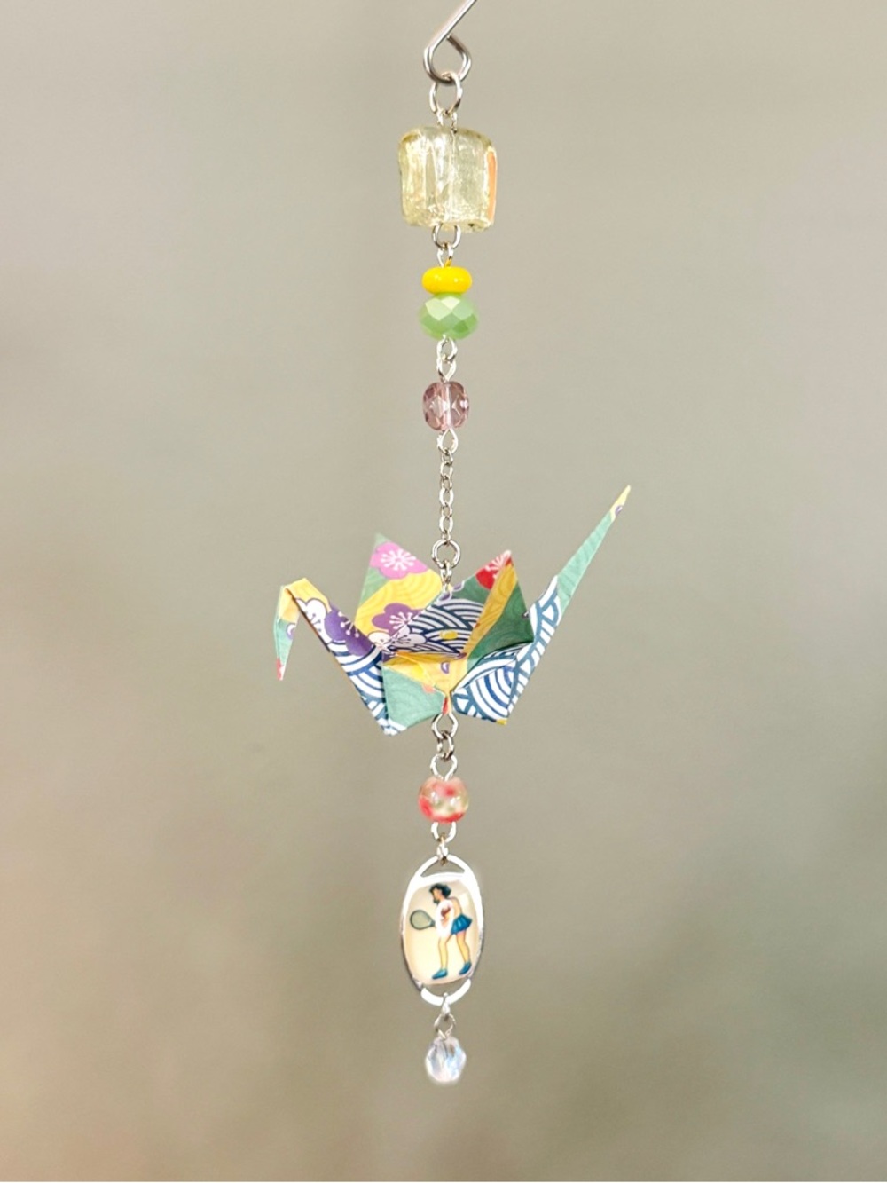 Origami Ornament #2482 - Small Crane with Repurposed Tennis Charm